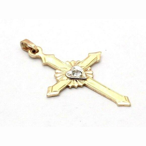 Estate 14k Yellow Gold Diamond Cross Pendant Necklace Religi